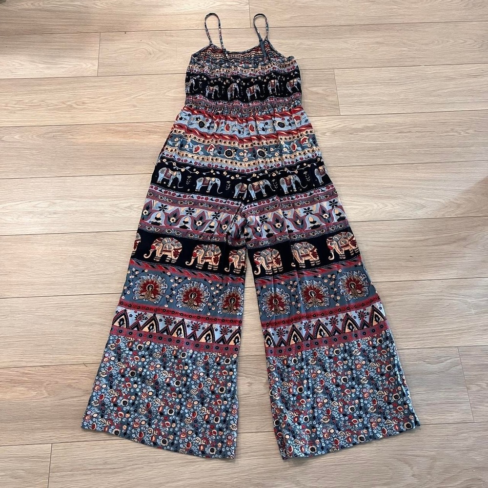Vintage Boho Wide Leg Jumpsuit Smocked Women S Folk Festival Hippie Indie Sleeze